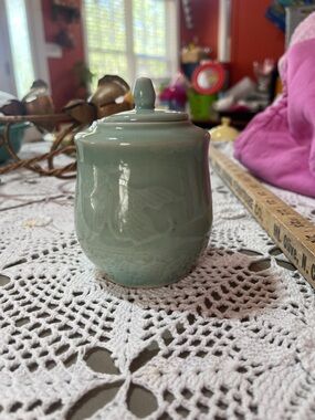 Vintage Celadon Goldfish China Sugar Bowl & Lid Dish, Made in China 2 AVL